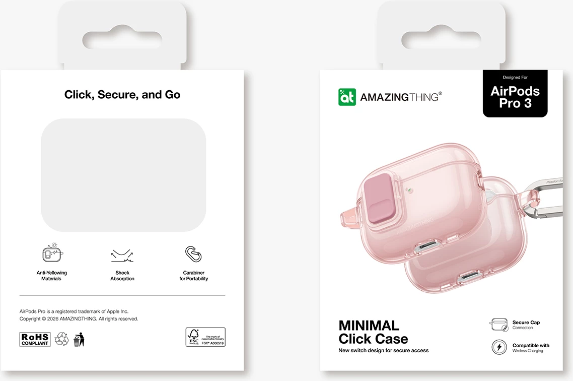 Mbështjellës për kufje, AmazingThing Minimal Case, për Apple AirPods Pro 3, TPU, me karabinë, rozë