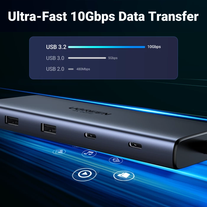 Docking Station USB-C UGREEN 45380 10-në-1, PD 100W, 2x HDMI 4K@60Hz, 10Gbps, Gigabit Ethernet, SD/TF, gri