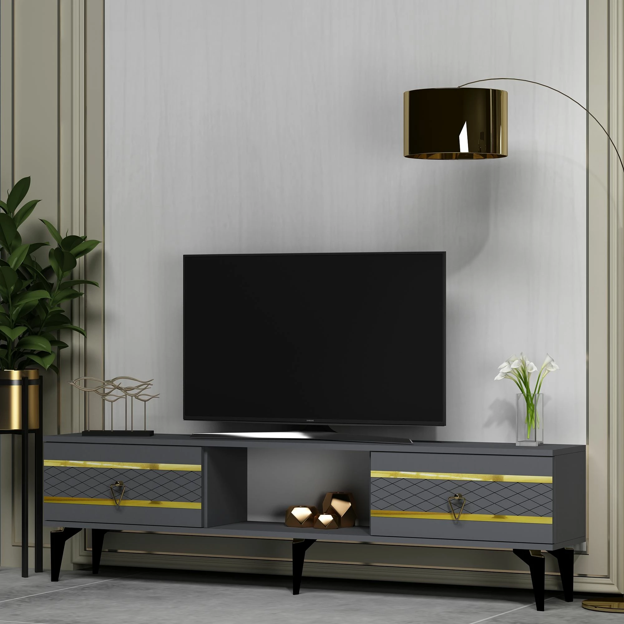 Komodë TV Skye Decor, ngjyrë antracit, ari