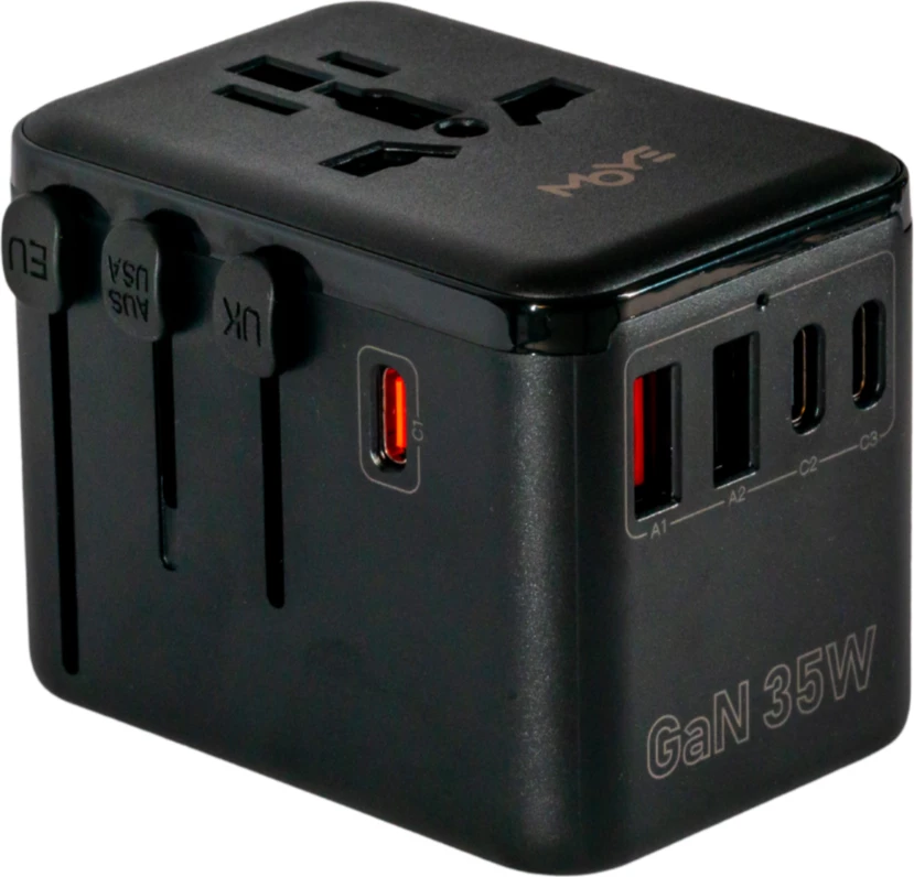 Adapter universal udhëtimi Moye Nomad Go GaN 35W PD, 3x USB-C + 2x USB-A, EU/UK/US/AU, i zi