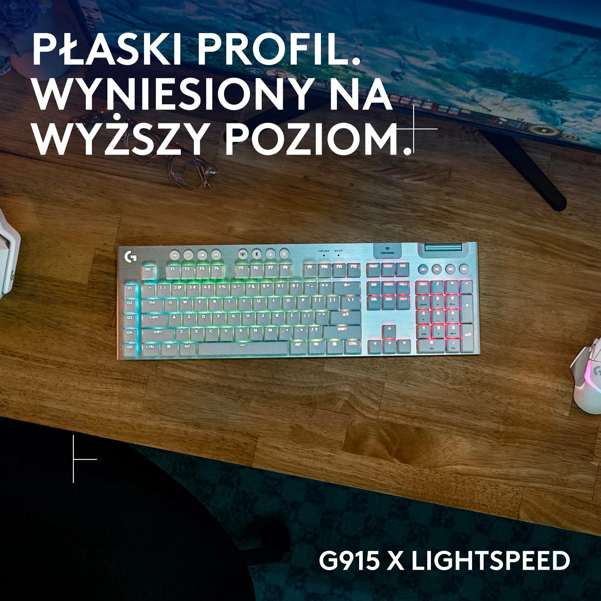 Tastierë gaming Logitech G915 X Lightspeed GL Tactile (920-012690), full-size 100%, RGB, wireless 2.4GHz/Bluetooth/USB, US INTL, e bardhë