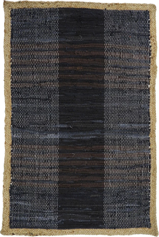 Qilim i errët, lëkurë dhe jute, 60x90cm, ngjyrë e zezë-bezhë