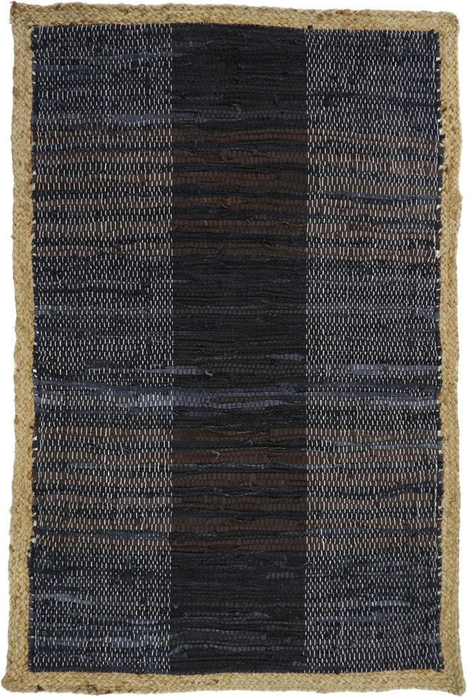 Qilim i errët, lëkurë dhe jute, 60x90cm, ngjyrë e zezë-bezhë