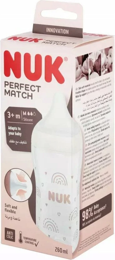 Biberon NUK Perfect Match 10742026 260 ml, thithë silikoni medium, e bardhë