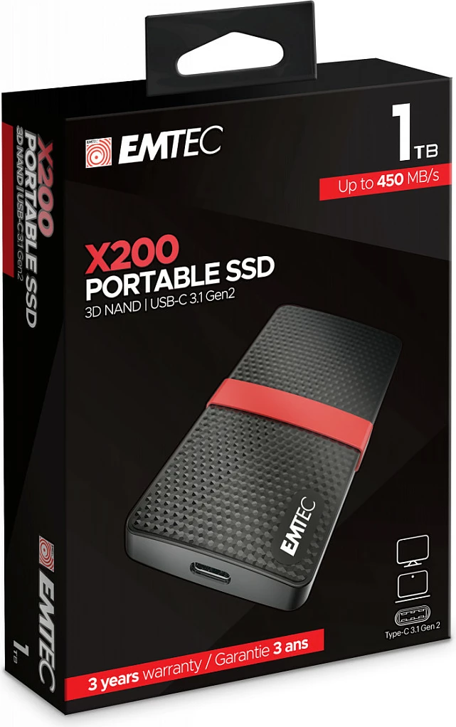 SSD Ekstern EMTEC X200 1TB, USB-C 3.2 Gen 1, 450MB/s, zi/kuqe