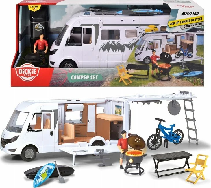 Set kamper lodër Dickie Playlife Holiday Camper Hymer B-Class 1:24 30 cm, i bardhë, me aksesorë