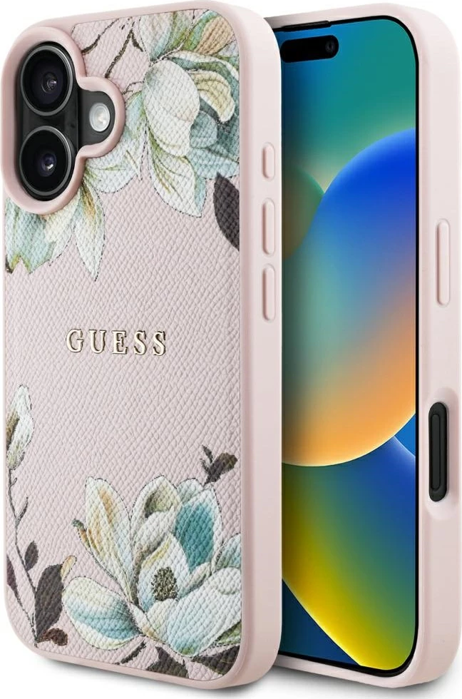 Mbështjellës Guess Grained Printed Flower Pattern MagSafe për iPhone 16, Rozë