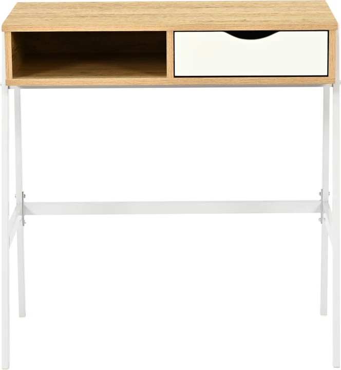 Tavolinë pune me raft dhe sirtar Rezio, ngjyrë lis-e bardhë, këmbë metalike të zeza, 75x45x76cm