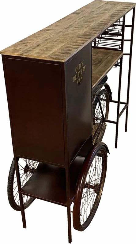 Konsolë bar në formë tricikli, ngjyrë bordo-natyrale, 178x53x145