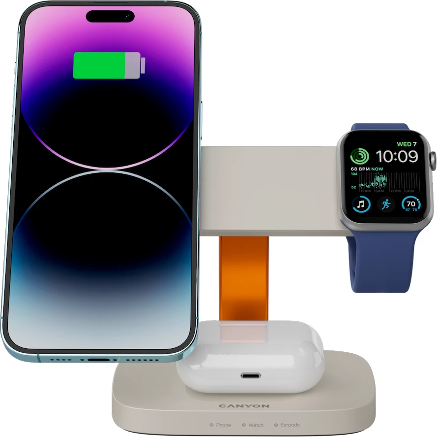 Stacion karikimi wireless CANYON Hexagon WCS-310 3n1 15W, adaptor PD 20W, USB-C, gri e çelët/portokalli