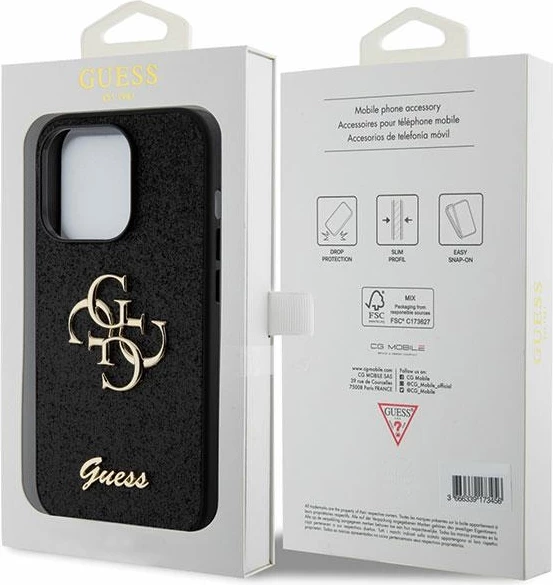 Mbështjellës Guess Glitter Script Big 4G për iPhone 15 Pro, i zi