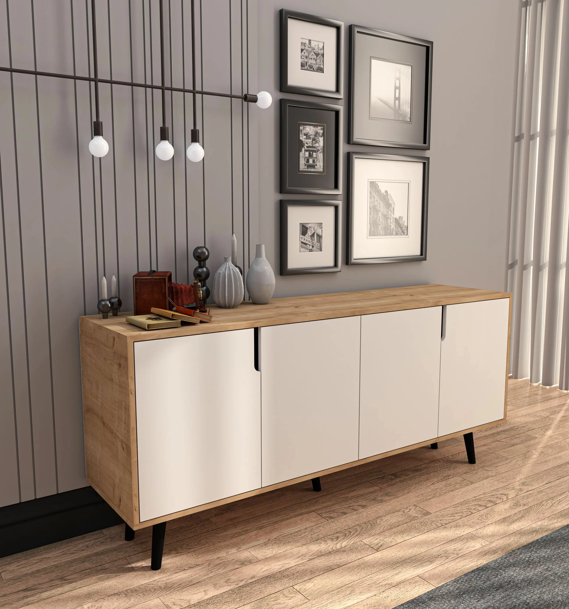 Konsol modern Skye Decor, ngjyrë lisi safir dhe e bardhë, 180 cm