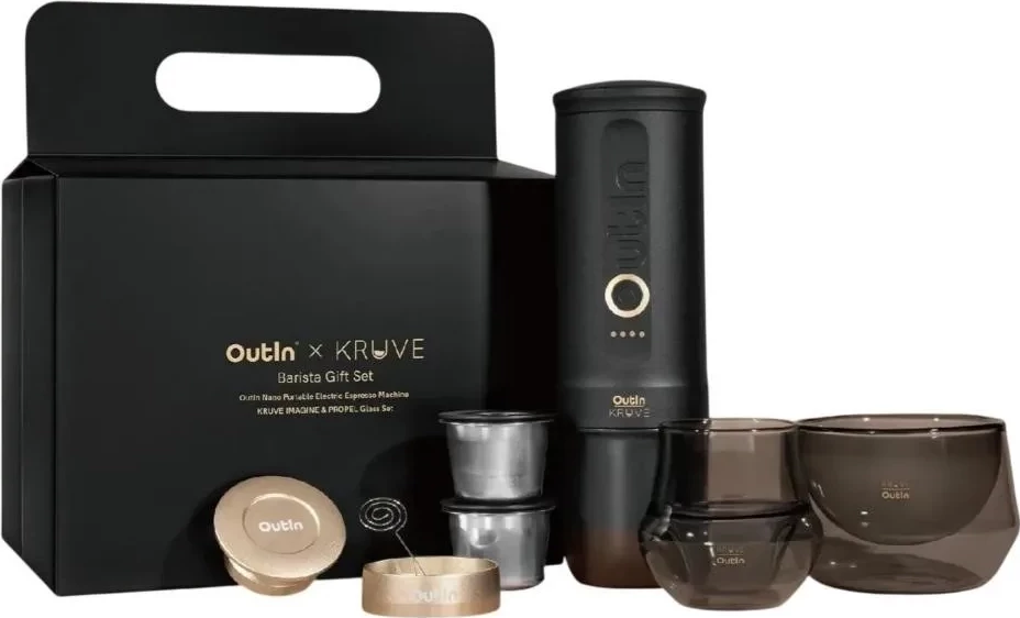 Aparat kafeje portabel OutIn Nano OTST-KRUVE, kapsula Nespresso/miell, wireless, set me gota Kruve, ngjyrë zi/ari