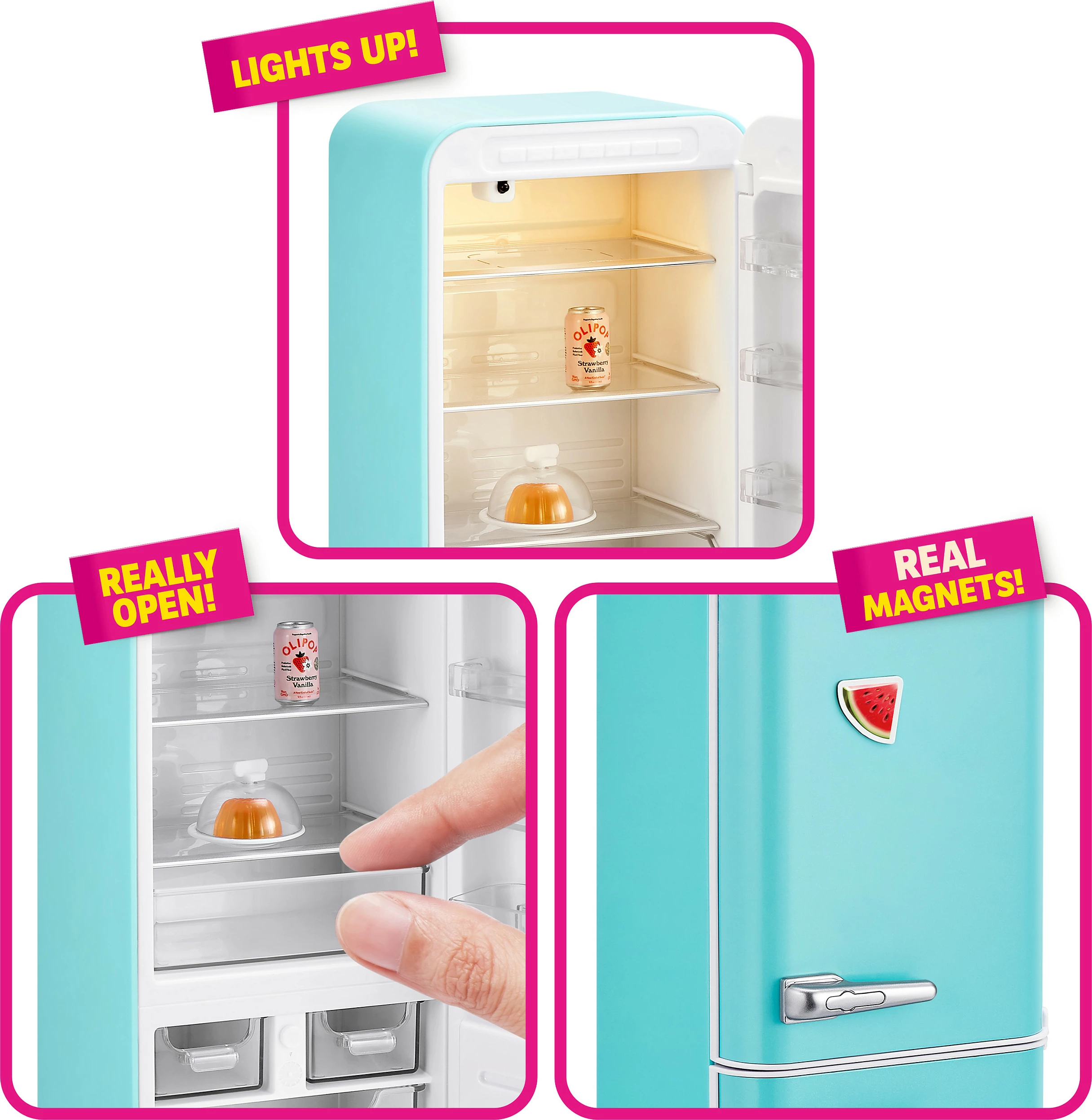 Set lodrash frigorifer mini ZURU Mini Brands Fill The Fridge, me dritë UV, 3 bateri, shumëngjyrësh