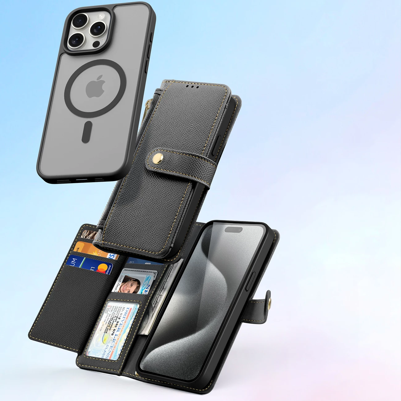 Mbështjellës Dux Ducis Lawa për iPhone 15 Pro, lëkurë, me portofol magnetik, i zi