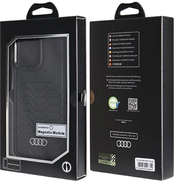 Mbështjellës Audi për iPhone 13 Pro Max, lëkurë sintetike, MagSafe, zi
