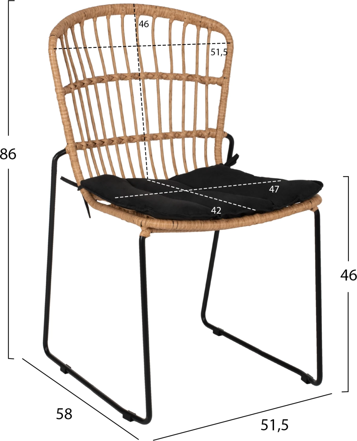 Karrige profesionale metalike, jastëk i zi, rattan natyral, 51.5x58x86 cm, FH5866.01