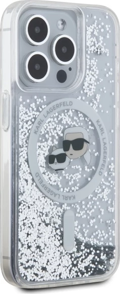 Mbështjellës Karl Lagerfeld Liquid Glitter Karl & Choupette Head MagSafe për iPhone 15 Pro Max, Transparent