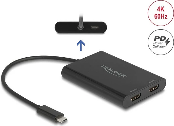 Adapter DeLOCK 64309 USB-C në HDMI + USB-C PD, 0.2m, 4K 60Hz, i zi