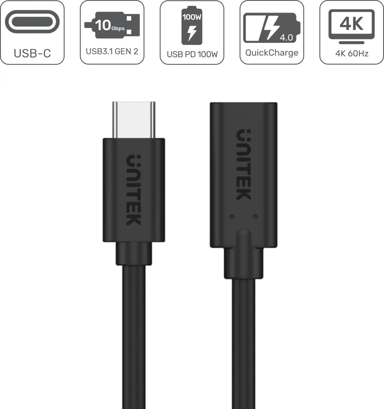 Kabllo zgjatëse Unitek USB-C 10Gbps 4K, PD 100W, 1 metër, e zezë