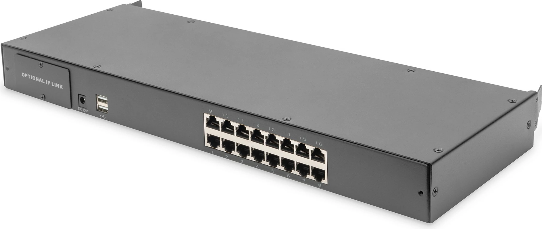 Konzolë rack Digitus 19", 16-port KVM, LCD HD, tastierë US, e zezë