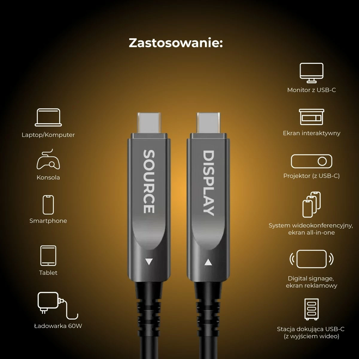 Kabëll USB-C Claroc aktiv, 12m, 4K@60Hz, 60W, zi