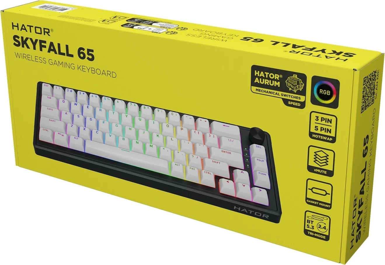 Tastierë mekanike Hator Skyfall 65 wireless, RGB, hot-swap, anglisht, bardhë-zezë