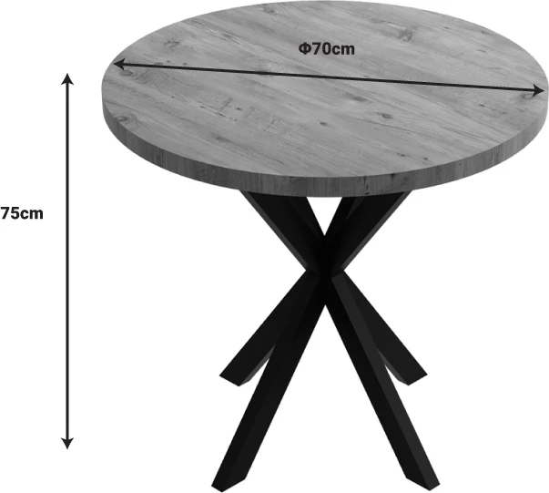Tavolinë Kalipso melamine, ngjyrë natyrale dhe këmbë metalike të zeza, D70x75cm
