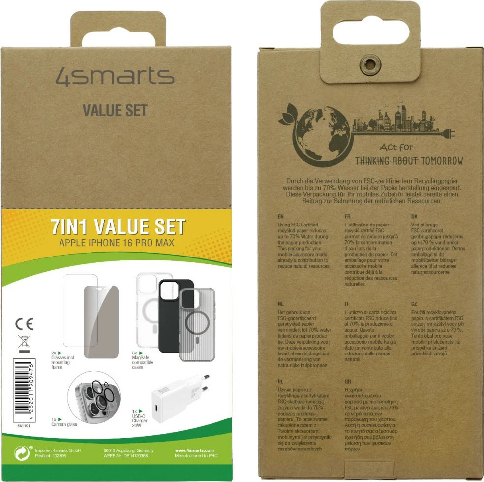 Mbështjellës 4smarts për iPhone 16 Pro Max, me karikues, mbrojtës ekrani 9H, zi/gri/transparente/bardhë