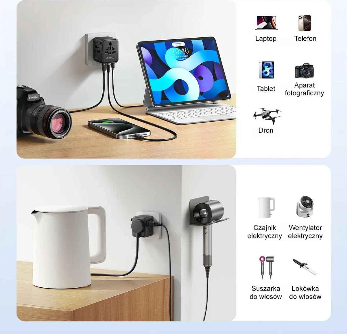 Karikues udhëtimi Orico GaN III, adapter universal UK/EU/US/AU, 2x USB-C 20W PD, USB-A, i zi