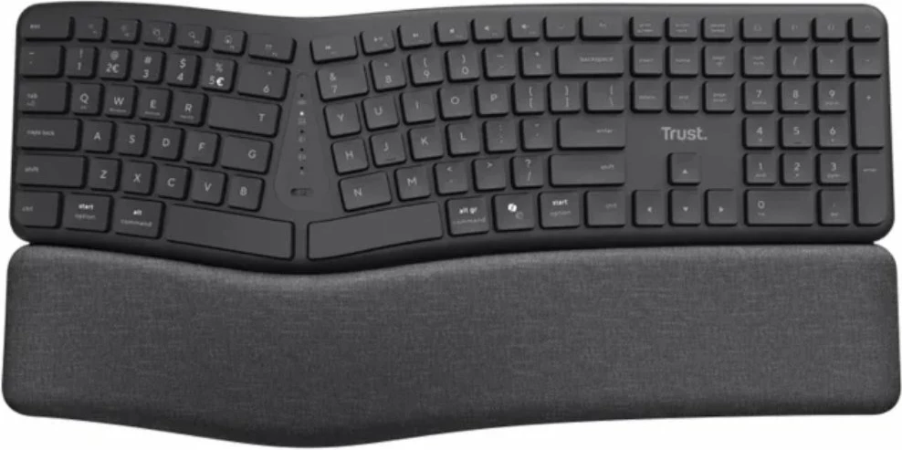 Tastierë ergonomike wireless Trust Keyra 25459, US layout, numpad, me mbështetëse dore, e zezë