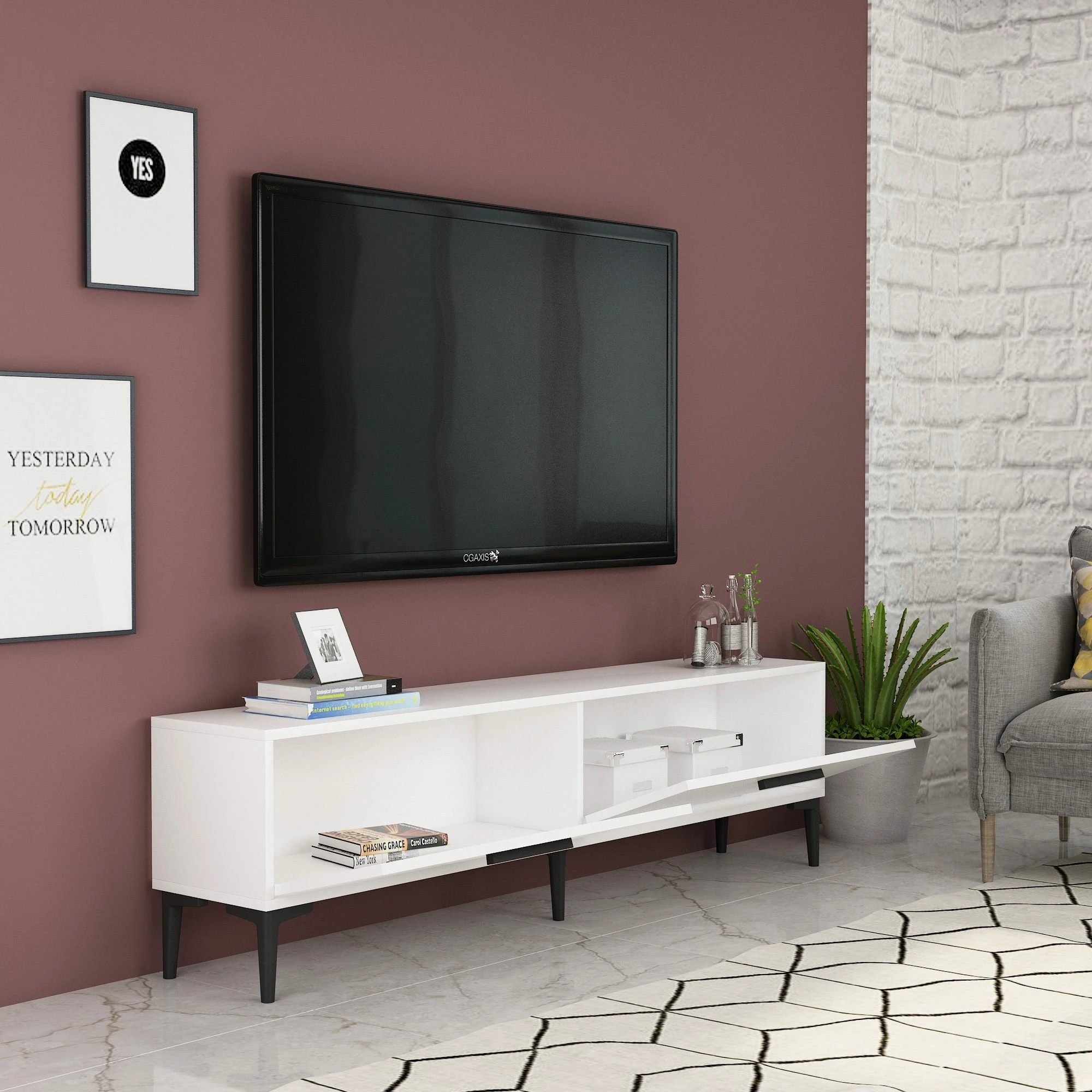 Komodë TV Skye Decor, e bardhë, Inel