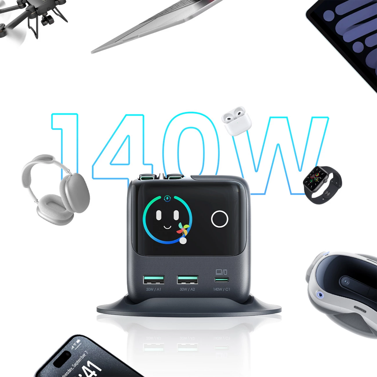 Karikues tavoline GaN, Joyroom Podix JR-TRD01, 140W, 5 porta me dy kabllo USB-C tërheqëse, gri