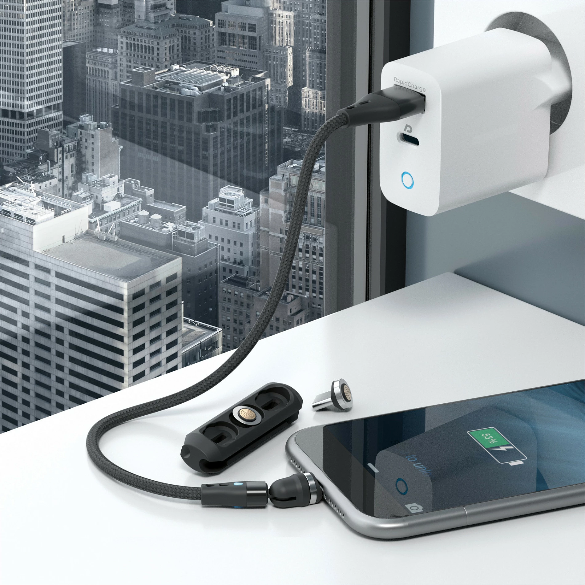Kabllo magnetike RealPower 3A 20cm, USB-A, me adapterë USB-C/Micro USB/Lightning, e zezë