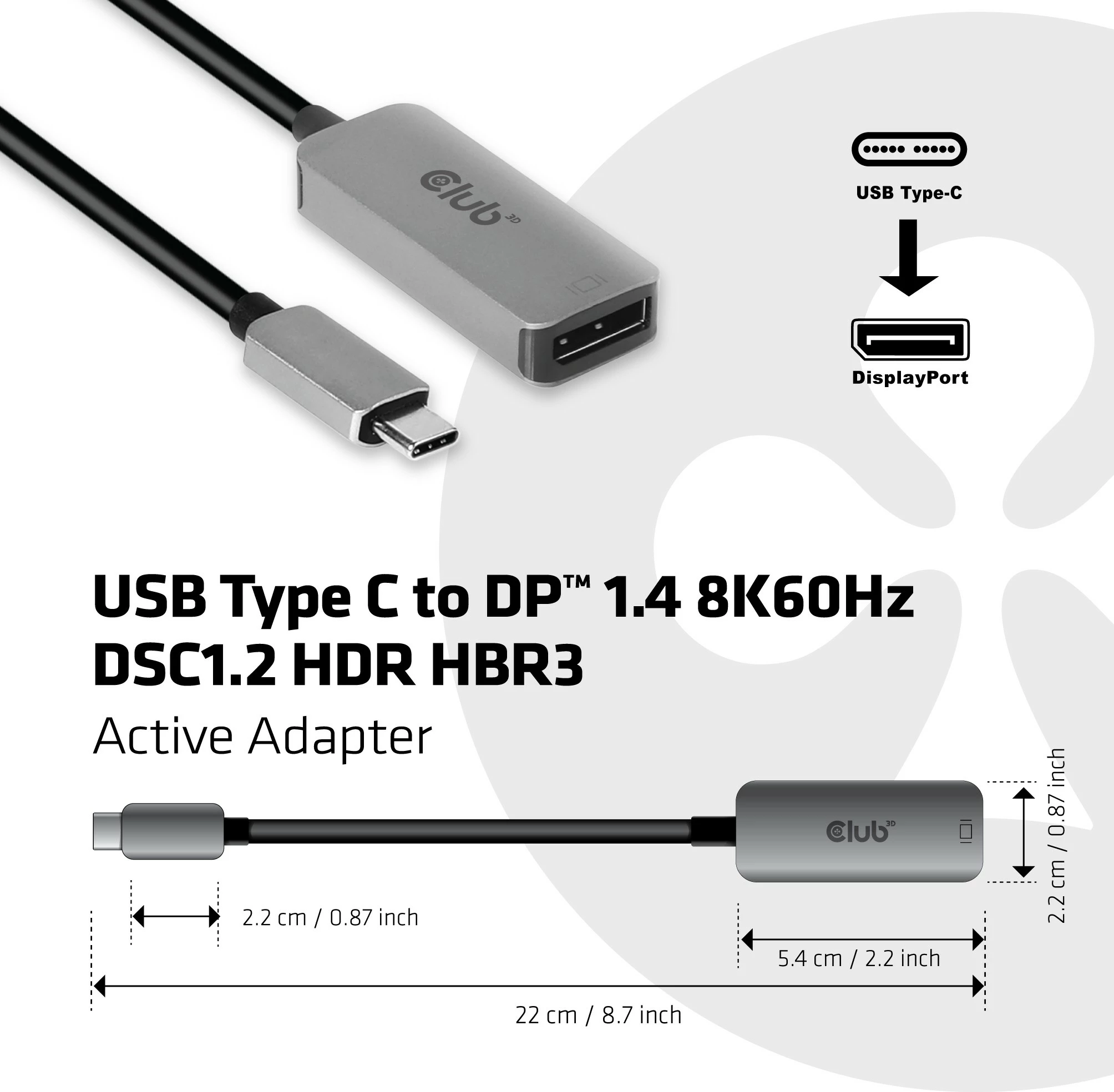 Adapter Club3D USB Type-C në DisplayPort 1.4, 8K60Hz, i zi/argjendtë