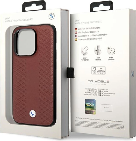 Mbështjellës BMW BMHCP14L22RFGR për iPhone 14 Pro 6.1", lëkurë, Diamond Pattern, burgundy