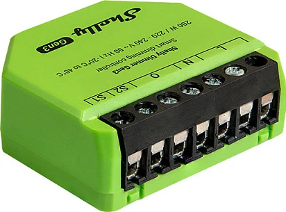 Dimmer Shelly Dimmer Gen3, wireless, kontroll me aplikacion, për LED, zi/lime