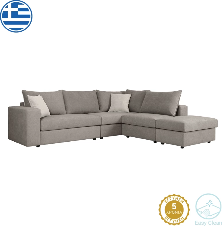 Divan polymorfik i kthyeshëm London, pëlhurë gri, jastëkë gri të çelët, 296x246x95 cm