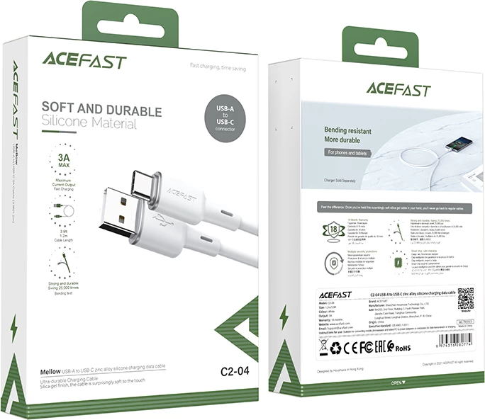 Kabllo Acefast C2-04, USB në USB Type-C, 1.2m, 3A, Bardhë