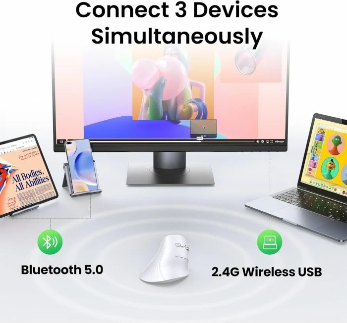 Maus vertikal ergonomik wireless UGREEN 45759, Bluetooth/2.4GHz, 4000 DPI, i bardhë