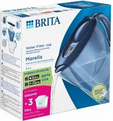 Kanoçe filtruese uji Brita Marella 2.4L, kapacitet i filtruar 1.4L, indikator elektronik, 3 fishekë Maxtra Pro Pure Performance, blu