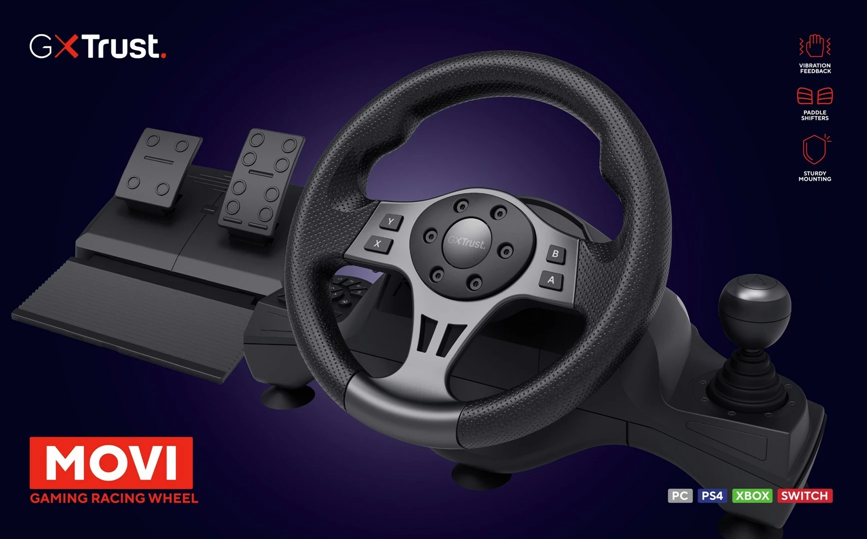 Timon + Pedale Trust GXT 289 Movi, USB, për Nintendo Switch, PlayStation 4, Xbox One S/X, Xbox Series S/X, E zezë