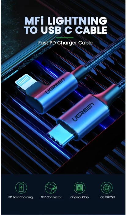 Kabllo spiral USB-C në Lightning UGREEN MFi 60764 1.5m 18W e zezë, box