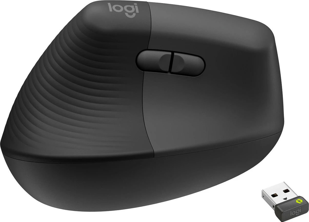 Maus Logitech Lift Vertical Ergonomic për Biznes, Majtas, Dizajn Vertikal, RF Wireless + Bluetooth, 4000 DPI, Grafit