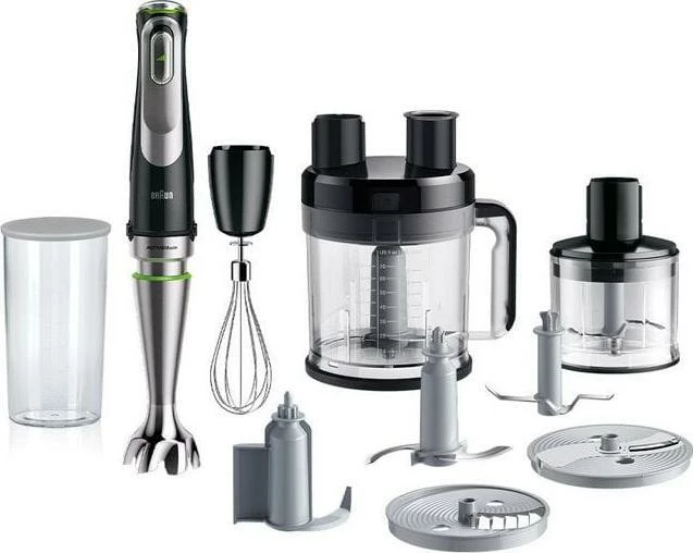Blender dore Braun MQ9195XLI 1200 W me procesor ushqimi, grirës, rrahëse dhe gota, Inox/zi