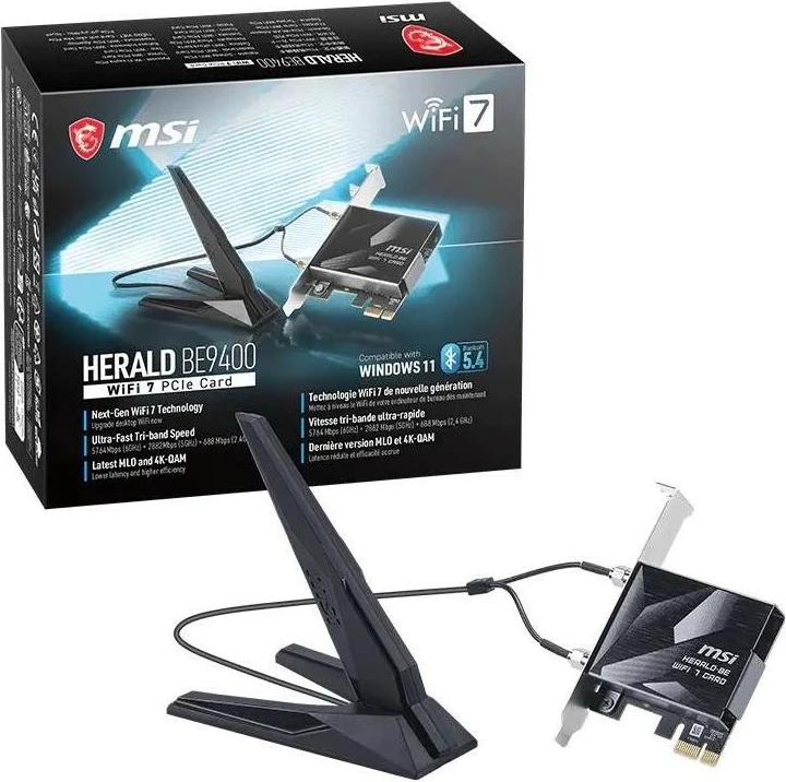 Kartelë rrjeti wireless MSI HERALD BE9400 WiFi 7 PCIe, Bluetooth 5.4