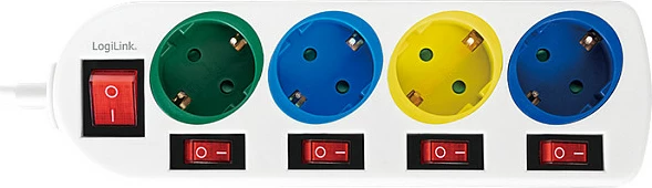 Zgjatës rryme LogiLink, 4 priza me tokëzim, switch veç e veç, multikolor