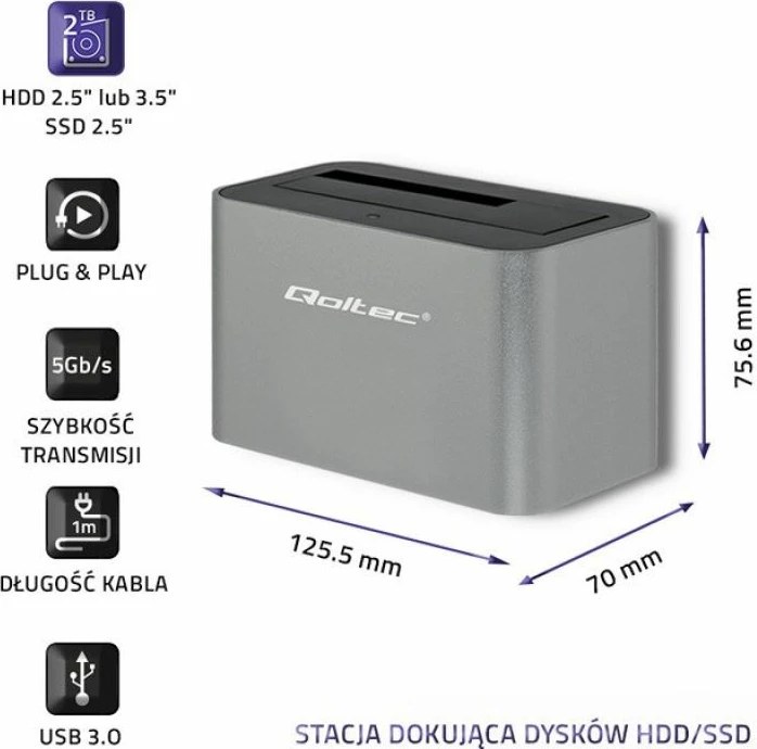 Stacion docking Qoltec HDD/SSD 2.5/3.5 SATA USB 3.0, argjendtë