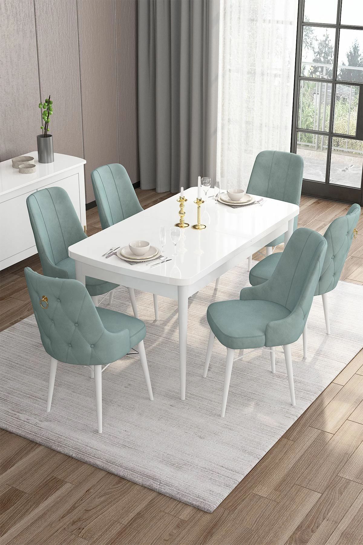 Set tavoline me karrige për ngrënie, e zgjatshme, 7 copë, Skye Decor, e bardhë, jeshile deti