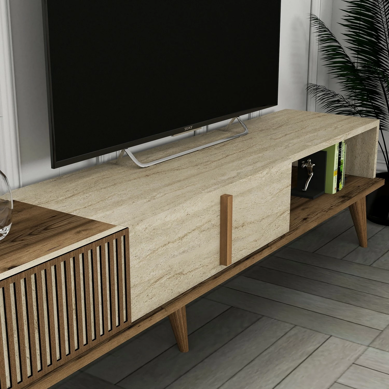 Komodë TV Hanah Home, Milan, ngjyrë arre dhe travertin